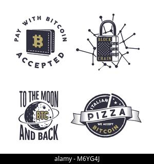 Blockchain, bitcoin, crypto Währungen Embleme und Konzepte. Digitale assets Logos. Jahrgang hand gezeichnete Schwarzweiß-Design. Technik Abzeichen. Vektor Illustration auf weißen isoliert. Stock Vektor