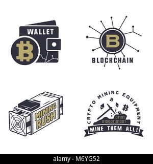 Blockchain, bitcoin, crypto Währungen Embleme und Konzepte. Digitale assets Logos. Jahrgang hand gezeichnete Schwarzweiß-Design. Bergleute, wallet Badges. Vektor Illustration auf weißem Hintergrund Stock Vektor