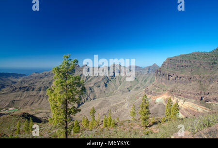 Westlich von Gran Canaria, Februar 2018, spektakuläre bunte Schichten Fuente de los Azulejos, vom Wanderweg durch Roque de Veneguera Stockfoto