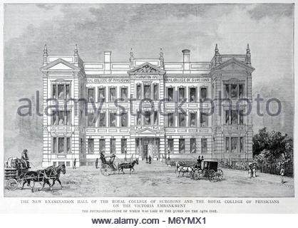 Die neue Untersuchung Halle des Royal College der Chirurgen und der Königlichen Hochschule der Ärzte auf der Victoria Embankment London, antike Gravur von 1886 Stockfoto