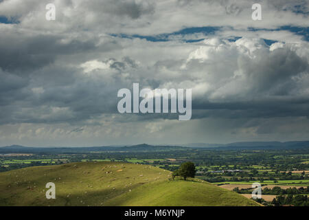 Parrock Hill & Glastonbury Tor von Corton Denham Beacon, Dorset, England, Großbritannien Stockfoto