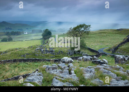 Winskill & Ribblesdale mit Pen-y-Ghent Eingehüllt in Wolke in der Morgendämmerung, Yorkshire Dales National Park, England, Großbritannien Stockfoto