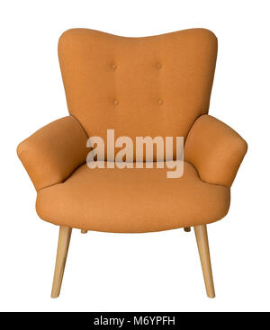 Antike Möbel: Französische orange wingback Sessel mit hölzernen Beinen auf weißem Hintergrund einschließlich freistellungspfad isoliert Stockfoto