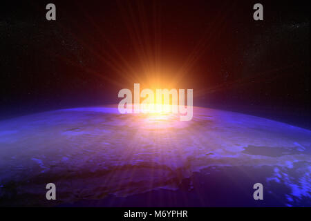 3D-Rendering für eine Sonnenuntergang / Sonnenaufgang aus dem Weltraum Stockfoto