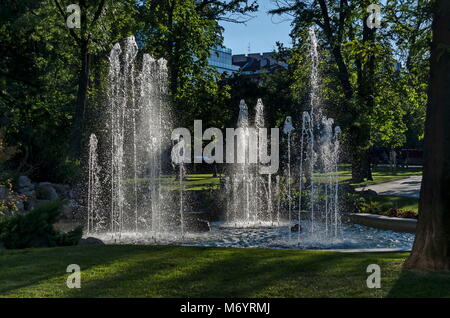 Gruppe aus kleinen Brunnen fließt vor Schönheit Steingarten, Sofia, Bulgarien Stockfoto