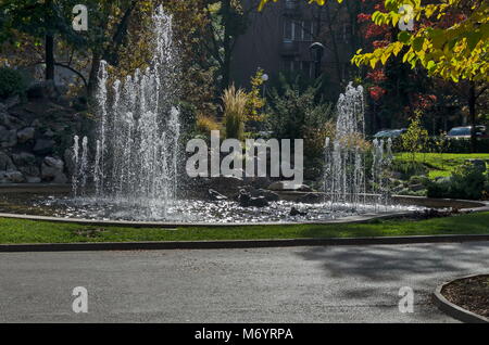 Gruppe aus kleinen Brunnen fließt vor Schönheit Steingarten, Sofia, Bulgarien Stockfoto