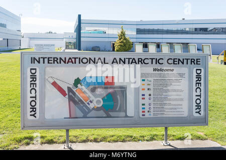 Verzeichnis Zeichen an International Antarctic Centre, Orchard Road, Harewood, Christchurch, Canterbury, Neuseeland Stockfoto