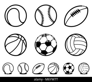 Satz von sechs verschiedenen schwarzen und weißen cartoon Sport ball Symbole mit begleitenden Zeichnung Variationen mit Schatten für den Einsatz als Designelemente - vect Stock Vektor