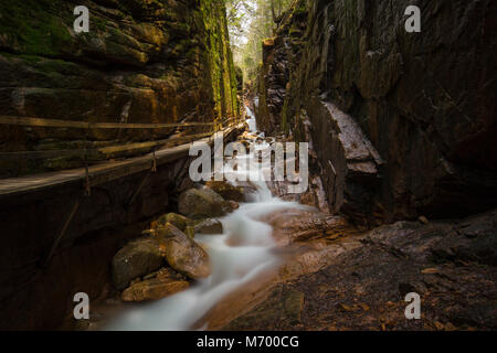 Wasser fließt durch den Flume Gorge in Franconia Notch State Park in New Hampshire, USA Stockfoto