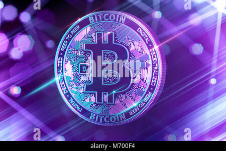 Neon leuchtenden Bitcoin (BTC) in UV-Farben mit cryptocurrency blockchain Knoten in verschwommenen Hintergrund. 3D-Rendering Stockfoto