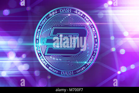 Neon leuchtenden Dash Münze in UV-Farben mit cryptocurrency blockchain Knoten in verschwommenen Hintergrund. 3D-Rendering Stockfoto