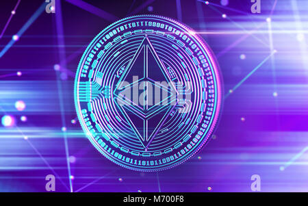Neon leuchtenden Astraleums (ETC) Münze in UV-Farben mit cryptocurrency blockchain Knoten in verschwommenen Hintergrund. 3D-Rendering Stockfoto