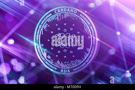 Neon leuchtenden Cardano (ADA) in UV-Farben mit cryptocurrency blockchain Knoten in verschwommenen Hintergrund. 3D-Rendering Stockfoto