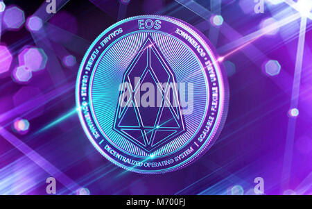 Neon leuchtenden EOS Münze in UV-Farben mit cryptocurrency blockchain Knoten in verschwommenen Hintergrund. 3D-Rendering Stockfoto
