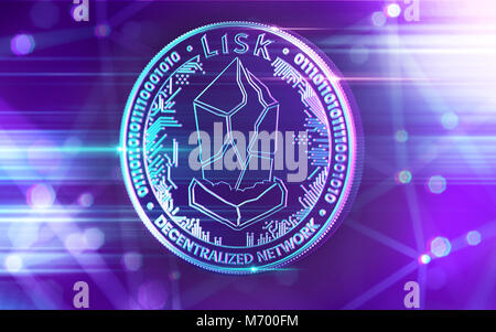 Neon leuchtenden Lisk (LSK) Münze in UV-Farben mit cryptocurrency blockchain Knoten in verschwommenen Hintergrund. 3D-Rendering Stockfoto