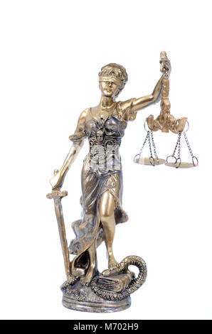 Recht und Gerechtigkeit, Rechtmäßigkeit Konzept, Waage der Gerechtigkeit, der Justitia, Lady Gerechtigkeit auf dem weißen Hintergrund isoliert. Stockfoto