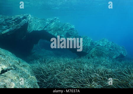 Natürliche Felsformation Unterwasser, einem Bogen auf dem Meeresboden mit Neptun Gras im Mittelmeer, Katalonien, Cap de Creus, Costa Brava, Spanien Stockfoto