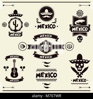 Mexikanische Satz von Etiketten und Aufkleber mit Symbolen Stock Vektor