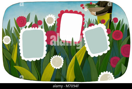 Ein Beispiel für eine Schablone Blume Frames auf ein Feld mit einem Gärtner auf dem Hintergrund, eine Metapher. Stockfoto