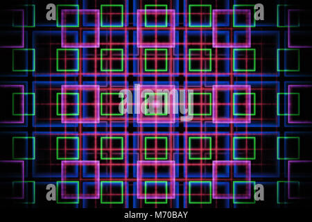 Abstrakt fractal Raster mit leuchtenden neon Quadrate auf dunklem Hintergrund Stockfoto