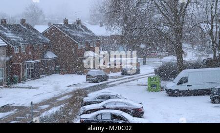 Wetterkonzept - Schneestürme während des Sturms Emma Basildon, Essex, Großbritannien. Stockfoto