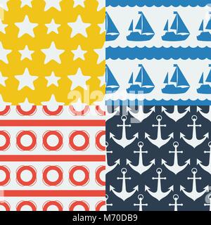 Nautische nahtlose Muster im flachen Design Style set Stock Vektor