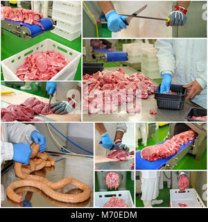 Fleischverarbeitungsbetrieb. Collage von Fotografien Fleisch Fabrik Arbeitnehmer bei der Fleischverarbeitung. Metzger, Wurst am Schlachthof. Stockfoto