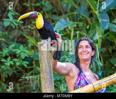 Nauyaca, Costa Rica - Januar 28: Frau petting einen wilden Toucan im Regenwald von Costa Rica. 28. Januar 2018, Nauyaca, Costa Rica Stockfoto