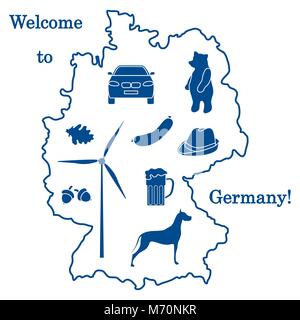 Vector Illustration mit verschiedenen Symbolen in Deutschland. Reisen und Freizeit. Design für Banner, Poster oder Drucken. Stock Vektor