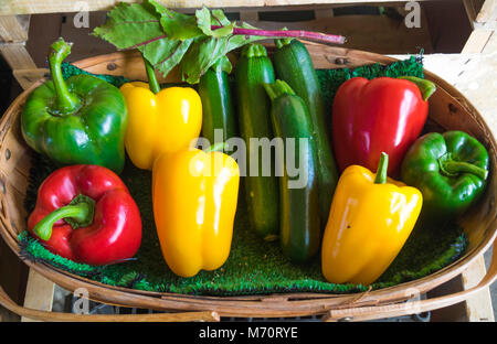 Ein trug, gefüllt mit bunten rote gelbe und grüne Paprika und Zucchini Stockfoto