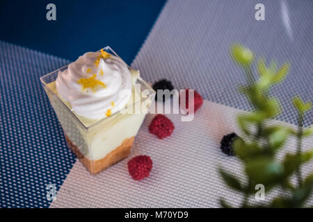 Mini Lemon Pie, Tiramisu und Tres Leches Kuchen mit bunten Bonbons und Schokolade Cookies in einem rosa Tischdecke Stockfoto