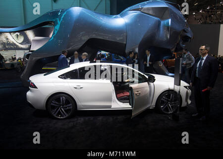 Genf. 7 Mär, 2018. Foto am 7. März 2018 zeigt den neuen Peugeot 508 auf dem 88. Internationalen Automobil-Salon in Genf, Schweiz. Der Motor Show, die mehr als 180 Aussteller aus der ganzen Welt anzieht, wird für die Öffentlichkeit vom 8. bis 18. März 2018 geöffnet. Credit: Xu Jinquan/Xinhua/Alamy leben Nachrichten Stockfoto