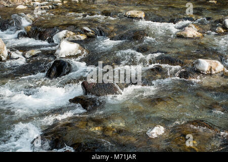 Das kalte Wasser des Flusses Dranse fließt durch Morzine in der Haute Savoie Französische Alpen Frankreich Stockfoto