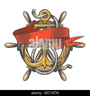 Anker und Rad mit Farbband im Tattoo Style isoliert auf weiß gezeichnet. Vector Illustration. Stock Vektor