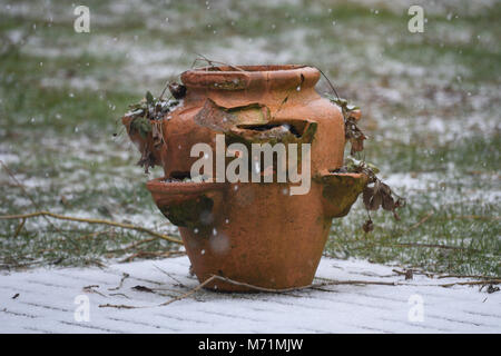 Risse terracotta Blumentopf im Schnee Stockfoto