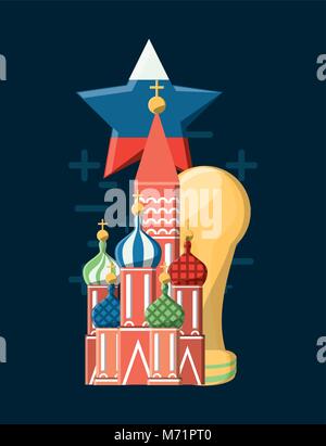 St. Basils Kathedrale mit Stern mit russischen Flagge Design und Trophy cup Symbol auf blauem Hintergrund, farbenfrohen Design Vector Illustration Stock Vektor