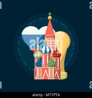 St. Basils Kathedrale mit Herz mit russischen Flagge Design und Trophy cup Symbol auf blauem Hintergrund, farbenfrohen Design Vector Illustration Stock Vektor