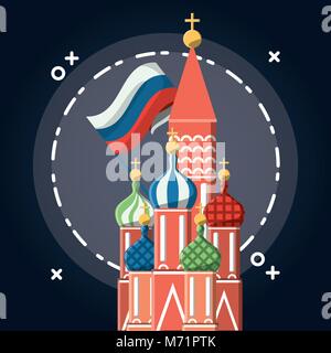 St. Basils Kathedrale mit russischen Flagge Symbol auf blauem Hintergrund, farbenfrohen Design Vector Illustration Stock Vektor