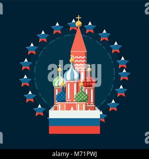 St. Basils Kathedrale mit Sterne um über blauen Hintergrund, farbenfrohen Design Vector Illustration Stock Vektor