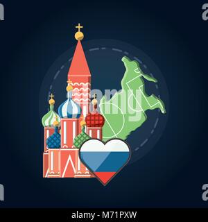 St. Basils Kathedrale mit Russische Fahne in Herzform und Karte auf blauem Hintergrund, farbenfrohen Design Vector Illustration Stock Vektor