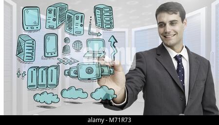 Server Netzwerk doodle wird von der Geschäftsmann Hand gezeichnet Stockfoto