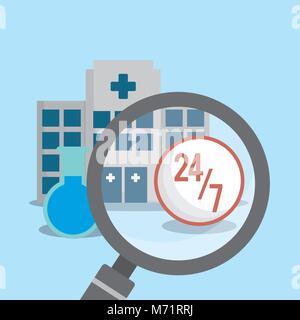 Krankenhaus und Lupe mit 24 7-Symbol auf blauem Hintergrund, farbenfrohen Design Vector Illustration Stock Vektor