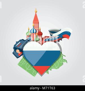 St. Basils Kathedrale und Russland Flagge in Herzform und Fußball ähnliche Symbole auf weißem Hintergrund, farbenfrohen Design Vector Illustration Stock Vektor