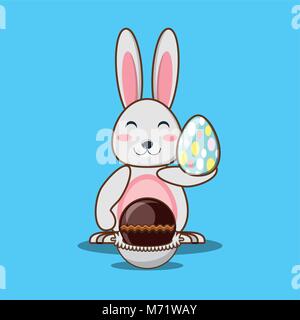 Cute bunny Holding ein Osterei und Osterei auf blauem Hintergrund, farbenfrohen Design Vector Illustration Stock Vektor