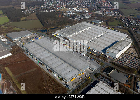 Luftbild, DHL Solutions Retail GmbH, Logistikunternehmen, Lagerhallen, Königsborn, Unna, Ruhrgebiet, Nordrhein-Westfalen, Deutschland, Europa, Vögel - Augen Stockfoto