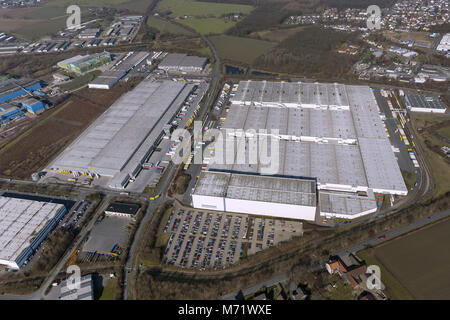 Luftbild, DHL Solutions Retail GmbH, Logistikunternehmen, Lagerhallen, Königsborn, Unna, Ruhrgebiet, Nordrhein-Westfalen, Deutschland, Europa, Vögel - Augen Stockfoto