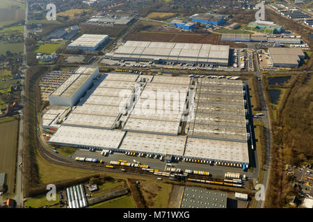 Luftbild, DHL Solutions Retail GmbH, Logistikunternehmen, Lagerhallen, Königsborn, Unna, Ruhrgebiet, Nordrhein-Westfalen, Deutschland, Europa, Vögel - Augen Stockfoto