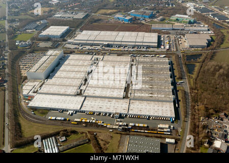 Luftbild, DHL Solutions Retail GmbH, Logistikunternehmen, Lagerhallen, Königsborn, Unna, Ruhrgebiet, Nordrhein-Westfalen, Deutschland, Europa, Vögel - Augen Stockfoto