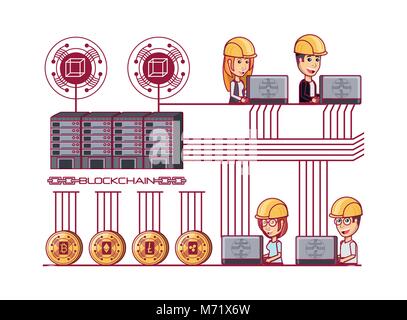 Blockchain Design mit Personen an einem Laptops und Münzen von cryptocurrency auf weißem Hintergrund Vector Illustration Stock Vektor