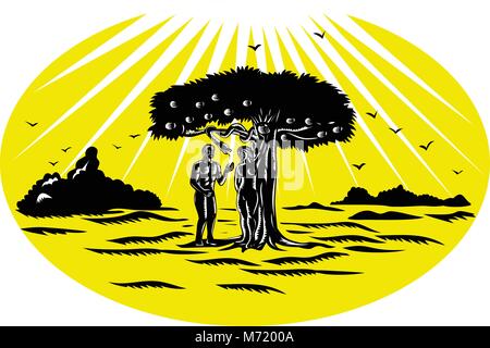 Adam und Eva von der Schlange versucht vom Baum der Erkenntnis zu essen